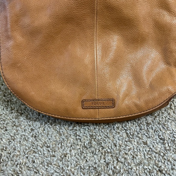 Fossil Leather Crossbody Shoulder Bag Purse Tan Textile Flap Lined Gray Stripes - Picture 9 of 13